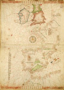 Europas og Afrikas Atlanterhavskyster, fra et nautisk atlas, 1520 (blæk på vellum) (se også 330911-330912)
